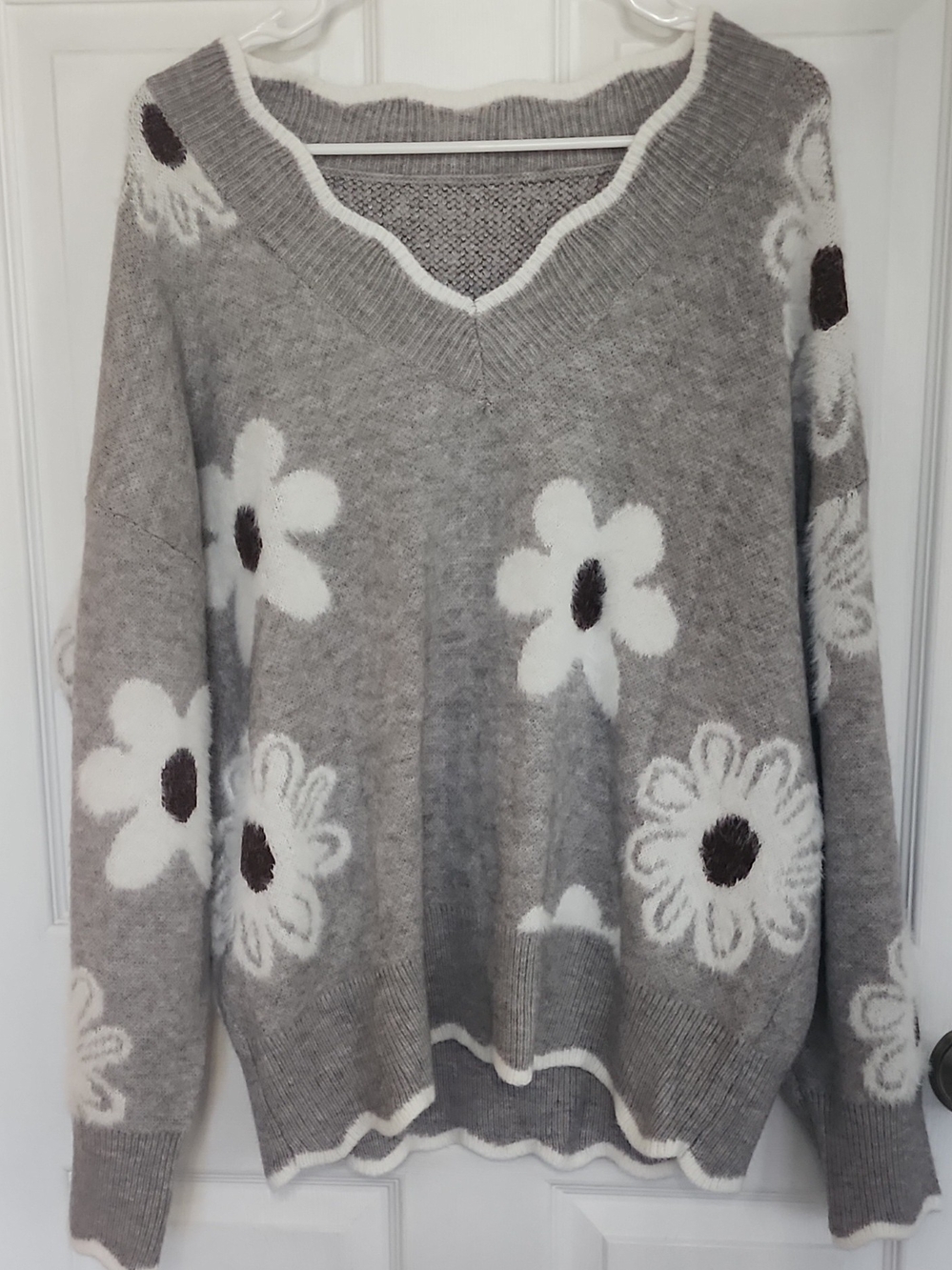 SHEIN Grey V-Neck Floral Knit Sweater with White & Brown Accents